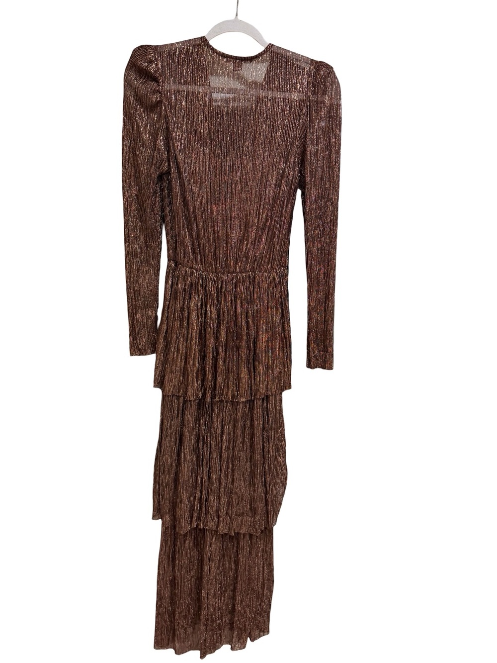 โจ Sabina Musayev Carry Metallic Pleated Tiered Maxi Dress Bronze Size Medium - Picture 14 of 16
